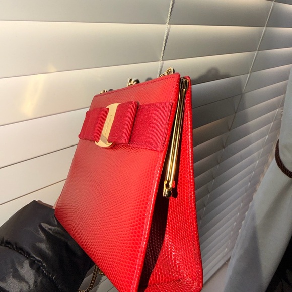 Salvatore Ferragamo Red Textured Clutch with Gold Accent - Picture 5 of 15